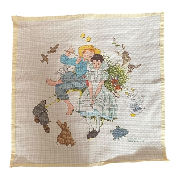 Norman Rockwell vintage cross stitch with couple & animals - Picture 10 of 16